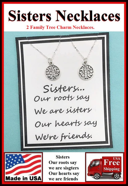 2 Sisters; Family Tree Charms Necklaces Set.