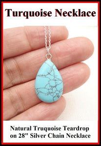 Natural Turquoise Teardrop Charm 28" Long Necklace.