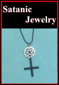 2" Black UPSIDE down Cross with Silver Pentagram and Black Steel Bead Chain,