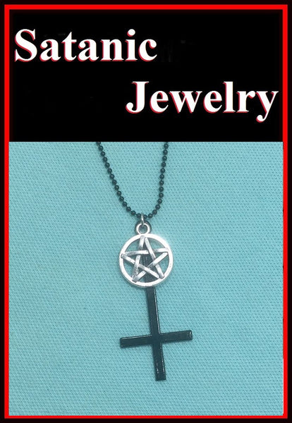 2" Black UPSIDE down Cross with Silver Pentagram and Black Steel Bead Chain,