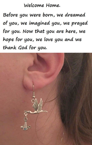 Beautiful STORK Carrying a BABY Silver Dangle Earrings.