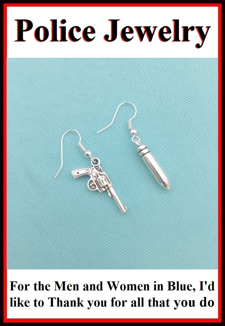 Police Earrings; Gun and Bullet Charms Dangle earrings.