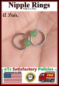 PAIR Sterilized Surgical Steel 1/2" Nipple Rings with Aventurine Balls.