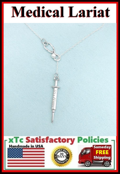 1-1/2" Long Syringe & Stethoscope Lariat Style Necklace.