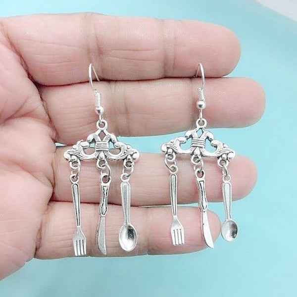 Stunning CHANDELIER Silver Fork & Spoon Dangle Earrings. For Mom Cook Chef.