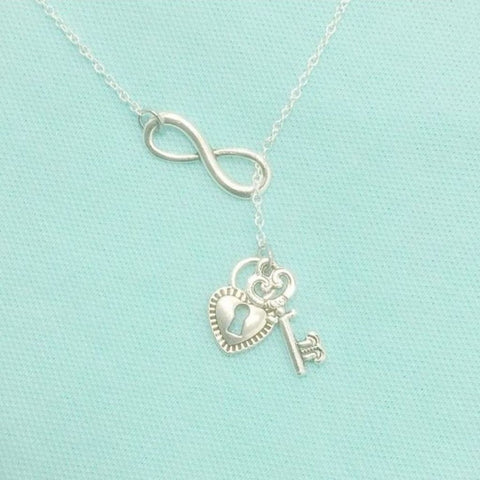 Gorgeous Vintage LOCK and KEY Silver Charms with INFINITY "Y" Lariat Necklace.