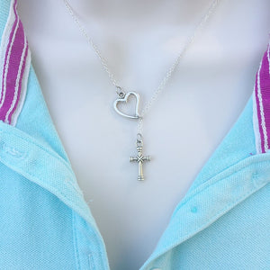 I Love Knitted Cross Silver Lariat Y Necklace.
