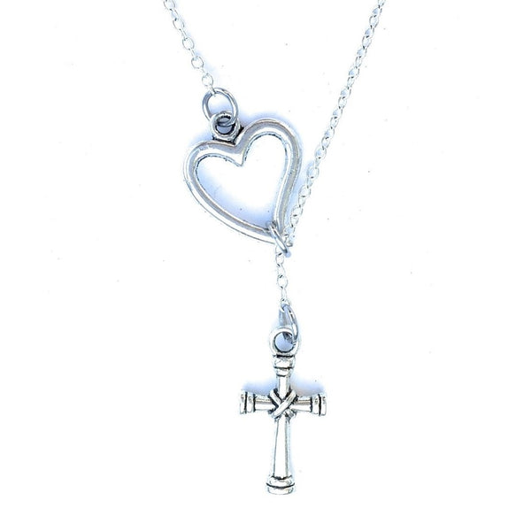 I Love Knitted Cross Silver Lariat Y Necklace.