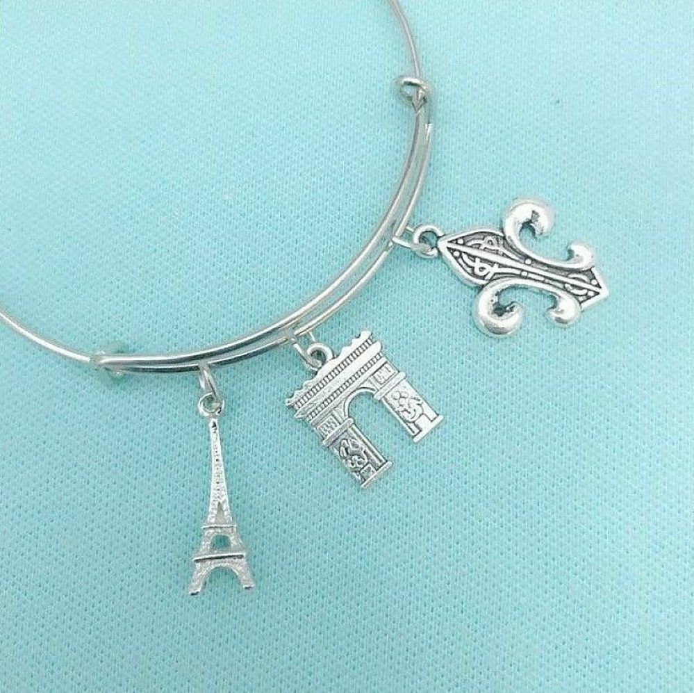 Eiffel Tower & 2 Charms Silver Adjustable Bangle Bracelet.