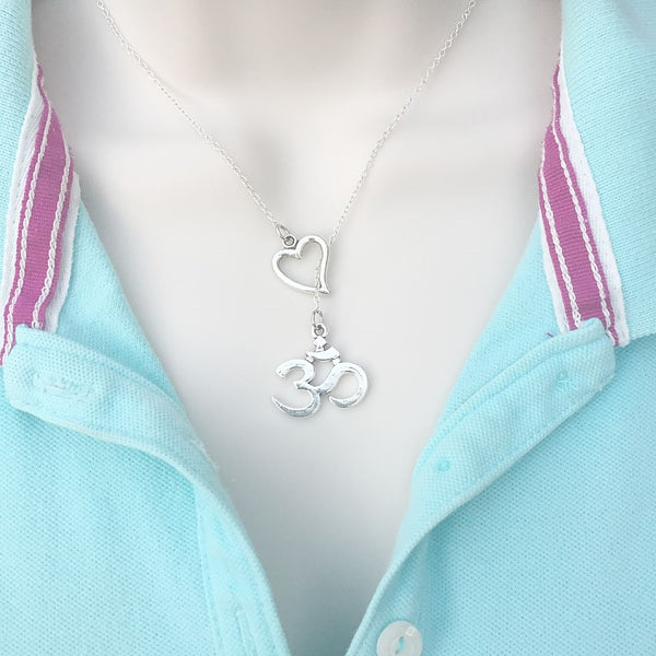 I Love OM Silver Lariat Y Necklace.