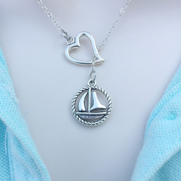 I Love Sailing, Boat Silver Lariat Y Necklace.