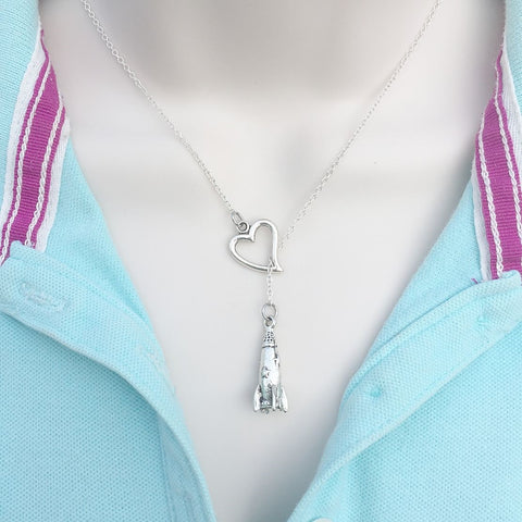 I Love Rocket Ship Silver Lariat Y Necklace.