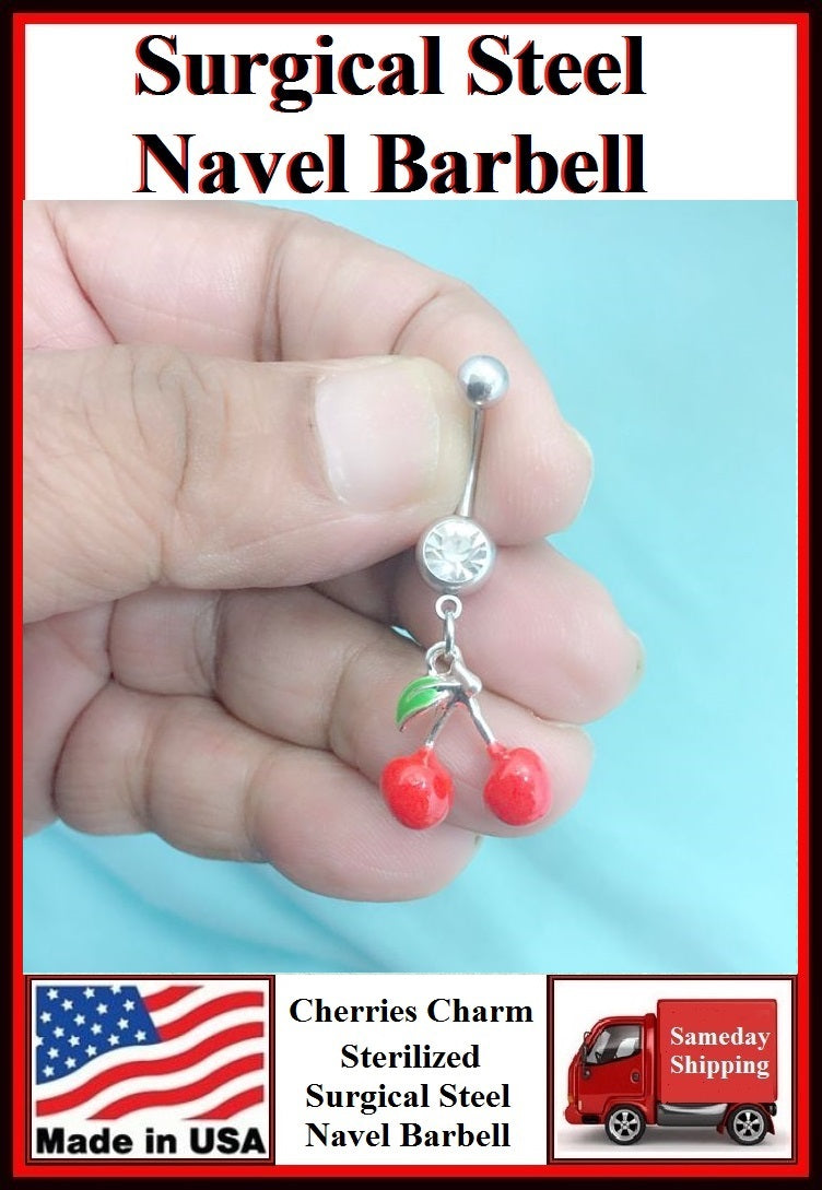 Pretty Cherries Silver Charm Surgical Steel Belly Ring.
