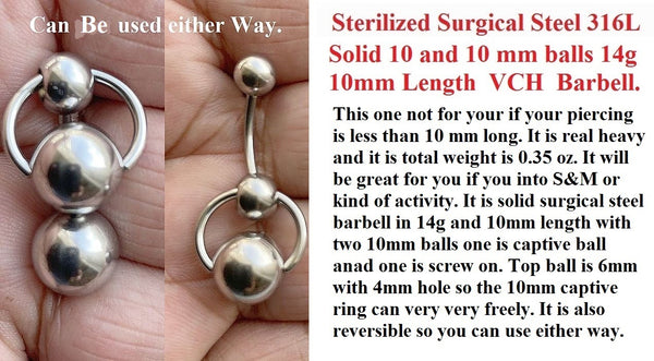 Surgical Steel Solid 10 Plus 10 mm Balls 14g REVERSIBLE VCH Barbell.