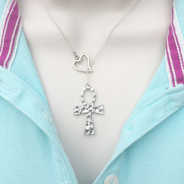 Hammered Ankh Symbol Silver Lariat Y Necklace.