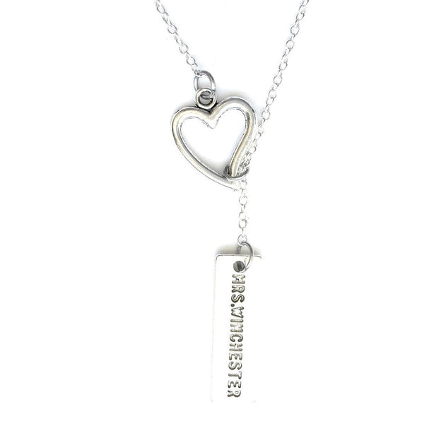 Mrs. Winchester Name Plate Silver Lariat Y Necklace.