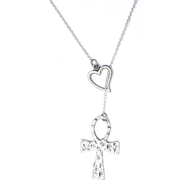 Hammered Ankh Symbol Silver Lariat Y Necklace.