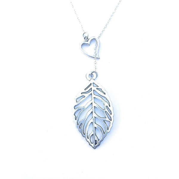Large 2" Leaf Silver Lariat Y Necklace.