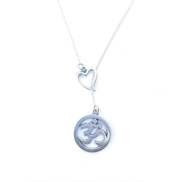 Large 1" Om Yoga Silver Lariat Y Necklace.