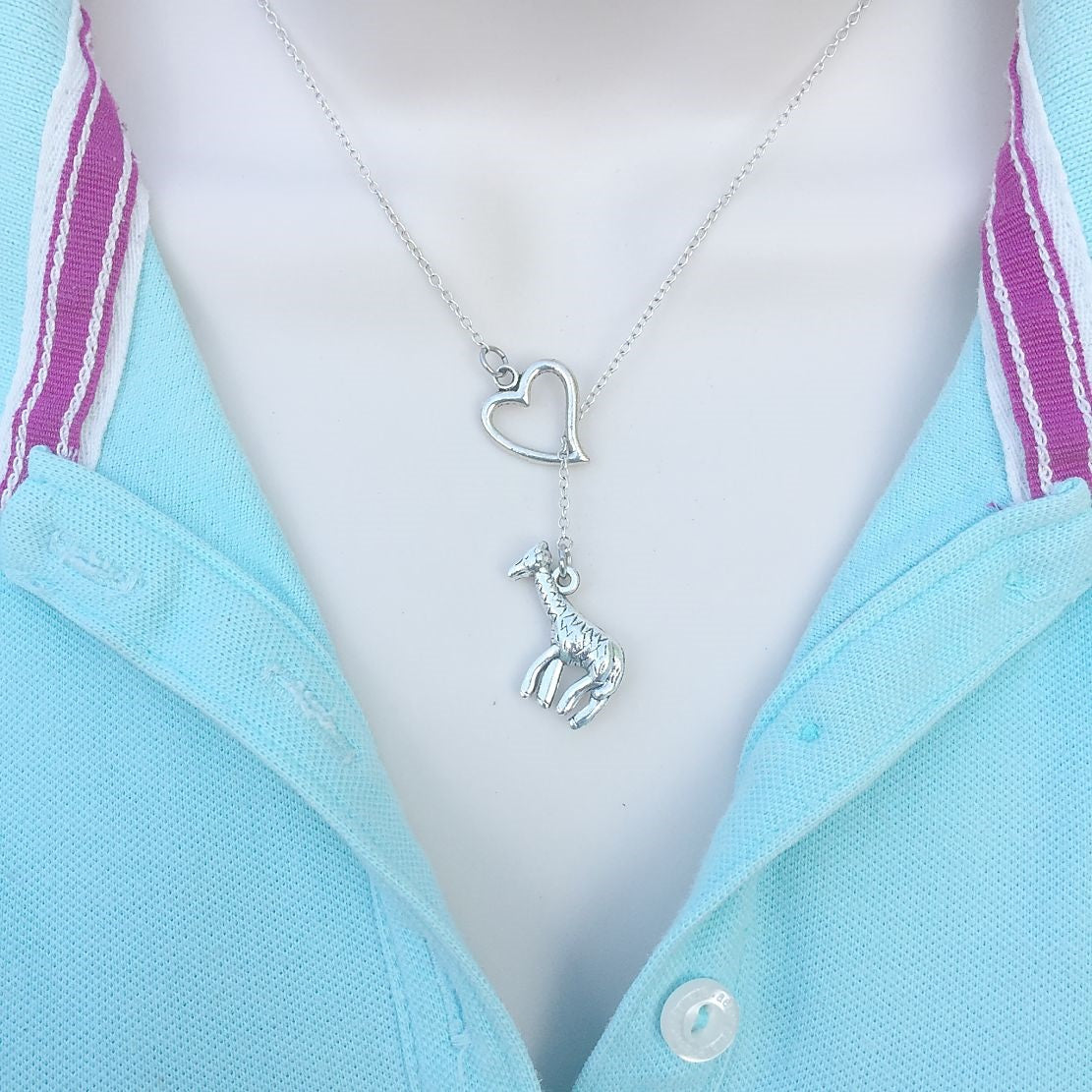 Lovely Giraffe  Silver Lariat Y Necklace.