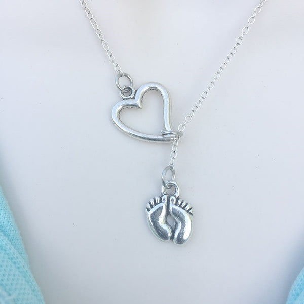 Love New Born Baby Feet Silver Lariat Y Necklace.