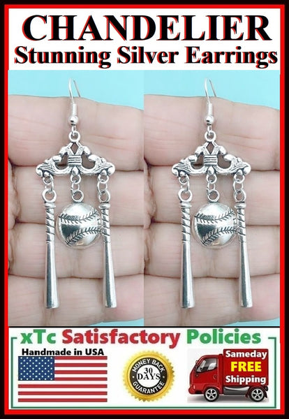Beautiful Chandelier Unique Baseball Game Theme Silver Charms Dangle Earrings.