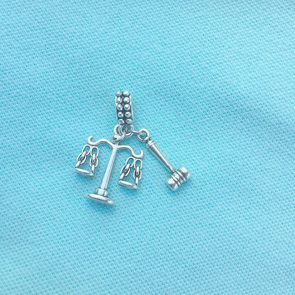 Attorney Lawyer Judge " GAVEL n SCALE" Silver Bead For Charm Bracelets