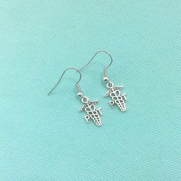 Medical Earring; PT Caduceus & PT Heart Charms Dangle earrings.