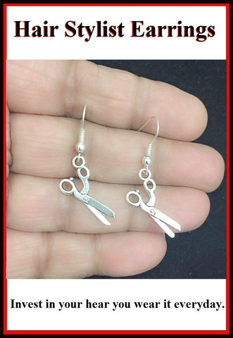 Hair Stylist Handcraft Medium Scissors Charm Dangle Earrings.