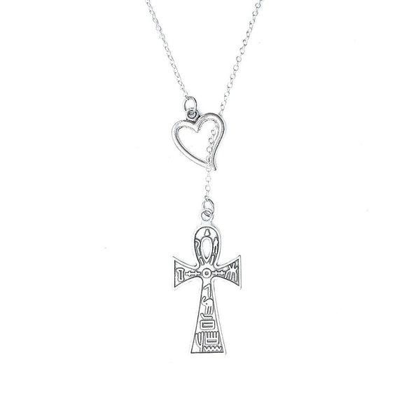 I Love Egypt; Large Ankh Silver Lariat Y Necklace.