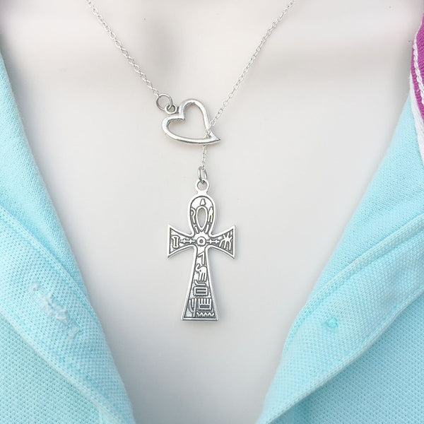 I Love Egypt; Large Ankh Silver Lariat Y Necklace.