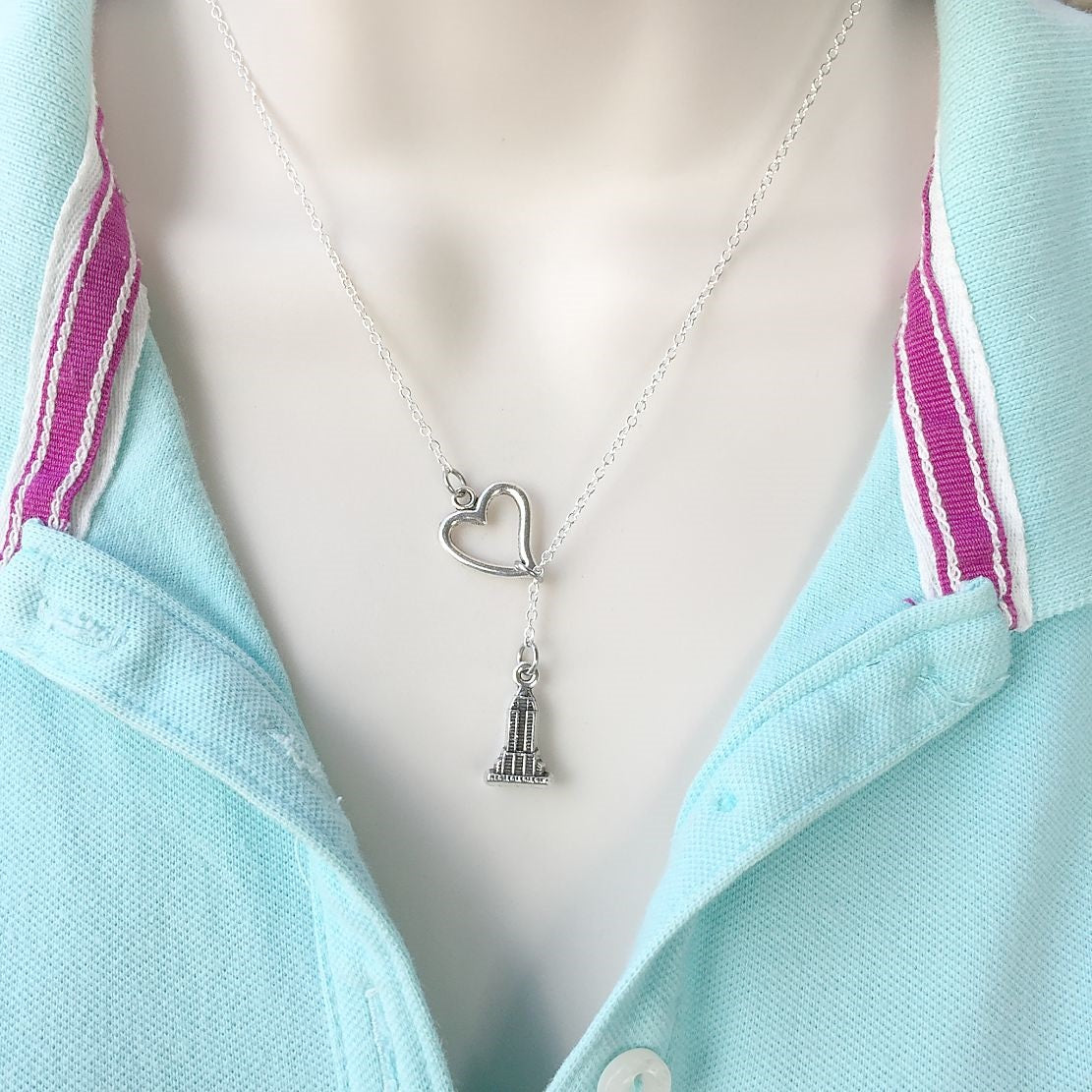 Love NY; Empire State Charm Silver Lariat Y Necklace.