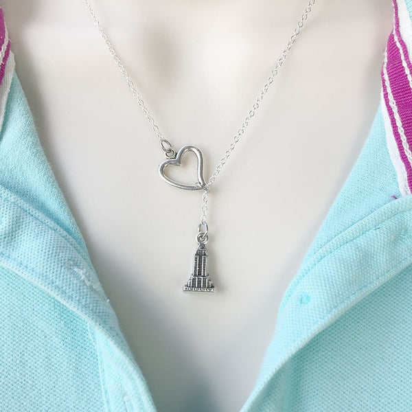 Love NY; Empire State Charm Silver Lariat Y Necklace.