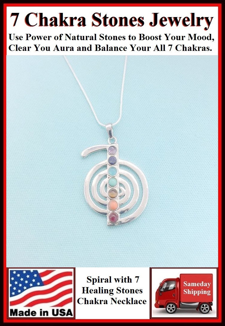 7 Chakra Stones on SPIRAL CHARM with 18" & 24" Necklace.