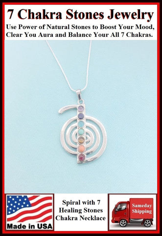 7 Chakra Stones on SPIRAL CHARM with 18" & 24" Necklace.