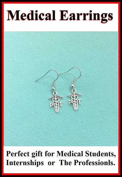 Medical Earring; PT Caduceus & PT Heart Charms Dangle earrings.