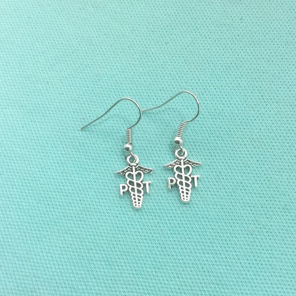 Medical Earring; PT Caduceus & PT Heart Charms Dangle earrings.