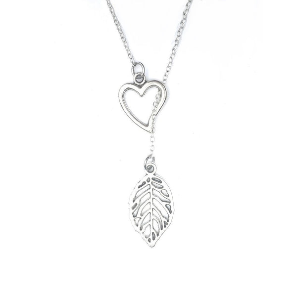 Beautiful Hallow Leaf Charm Silver Lariat Y Necklace.