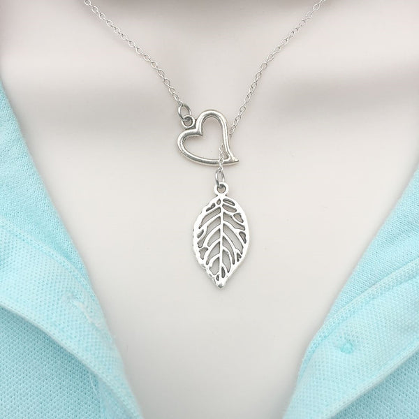 Beautiful Hallow Leaf Charm Silver Lariat Y Necklace.