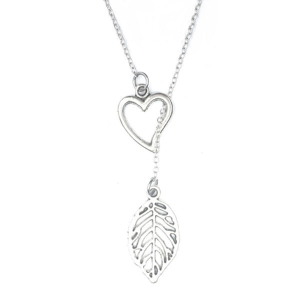 Beautiful Hallow Leaf Charm Silver Lariat Y Necklace.