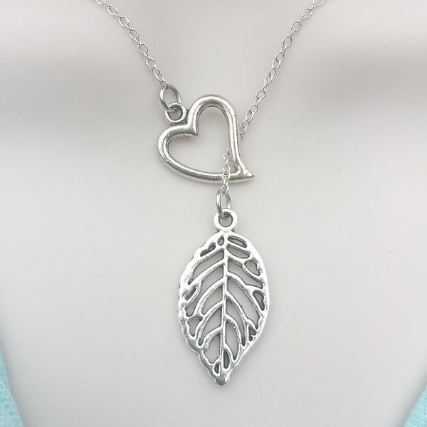 Beautiful Hallow Leaf Charm Silver Lariat Y Necklace.