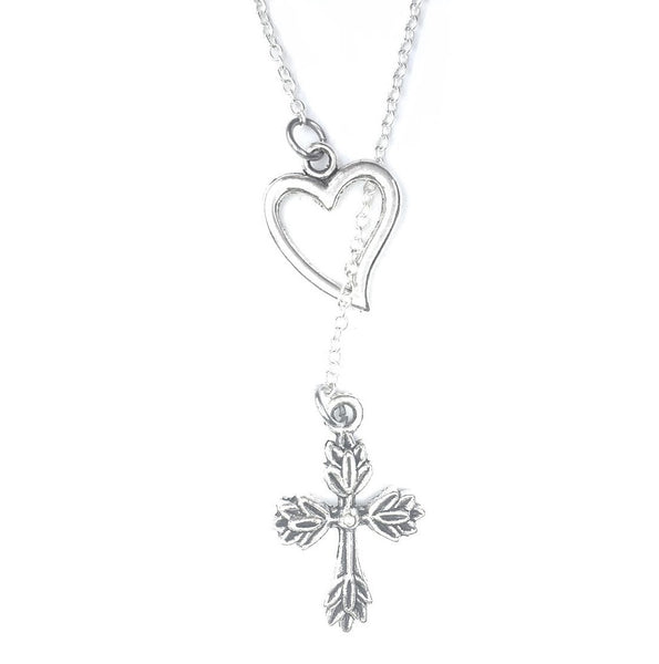 Flower CROSS Charm Silver Lariat Y Necklace.