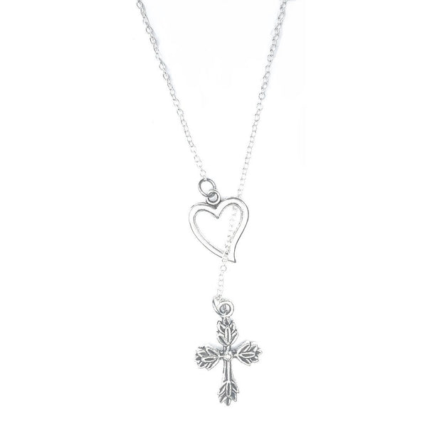 Flower CROSS Charm Silver Lariat Y Necklace.