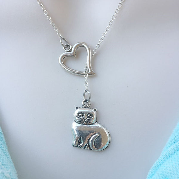 I Love My Pussy Cat Silver Lariat Y Necklace.