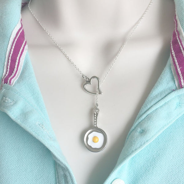 CHEF COOK; Fry Pan w Egg Silver Lariat Y Necklace.