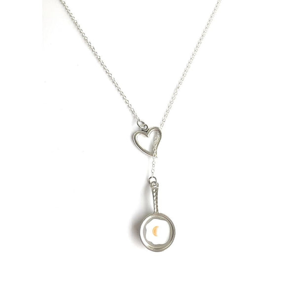 CHEF COOK; Fry Pan w Egg Silver Lariat Y Necklace.