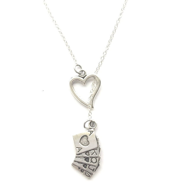 POKER LOVERS; ROYAL FLUSH Silver Lariat Y Necklace.