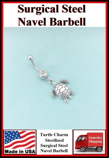 Pretty Turtle Silver Charm Surgical Steel Belly Ring.
