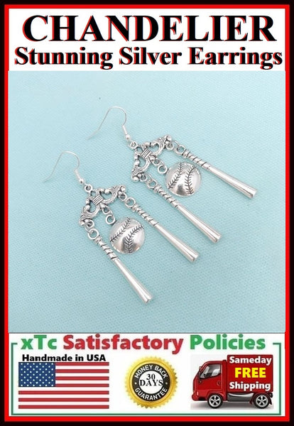 Beautiful Chandelier Unique Baseball Game Theme Silver Charms Dangle Earrings.
