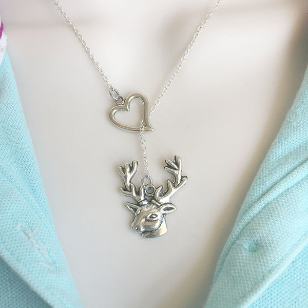 HUNTER FANS: Deer Head Silver Lariat Y Necklace.